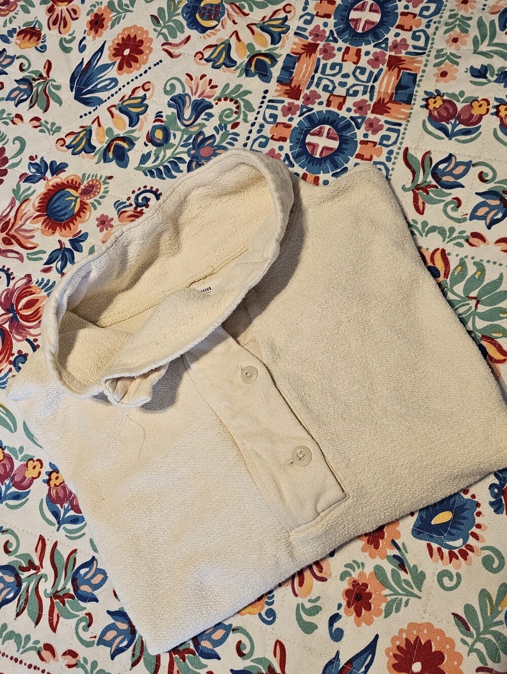 REI Co-op Unisex Large Hemp Cotton Terry Fleece Mock Neck Henley Pullover Beige